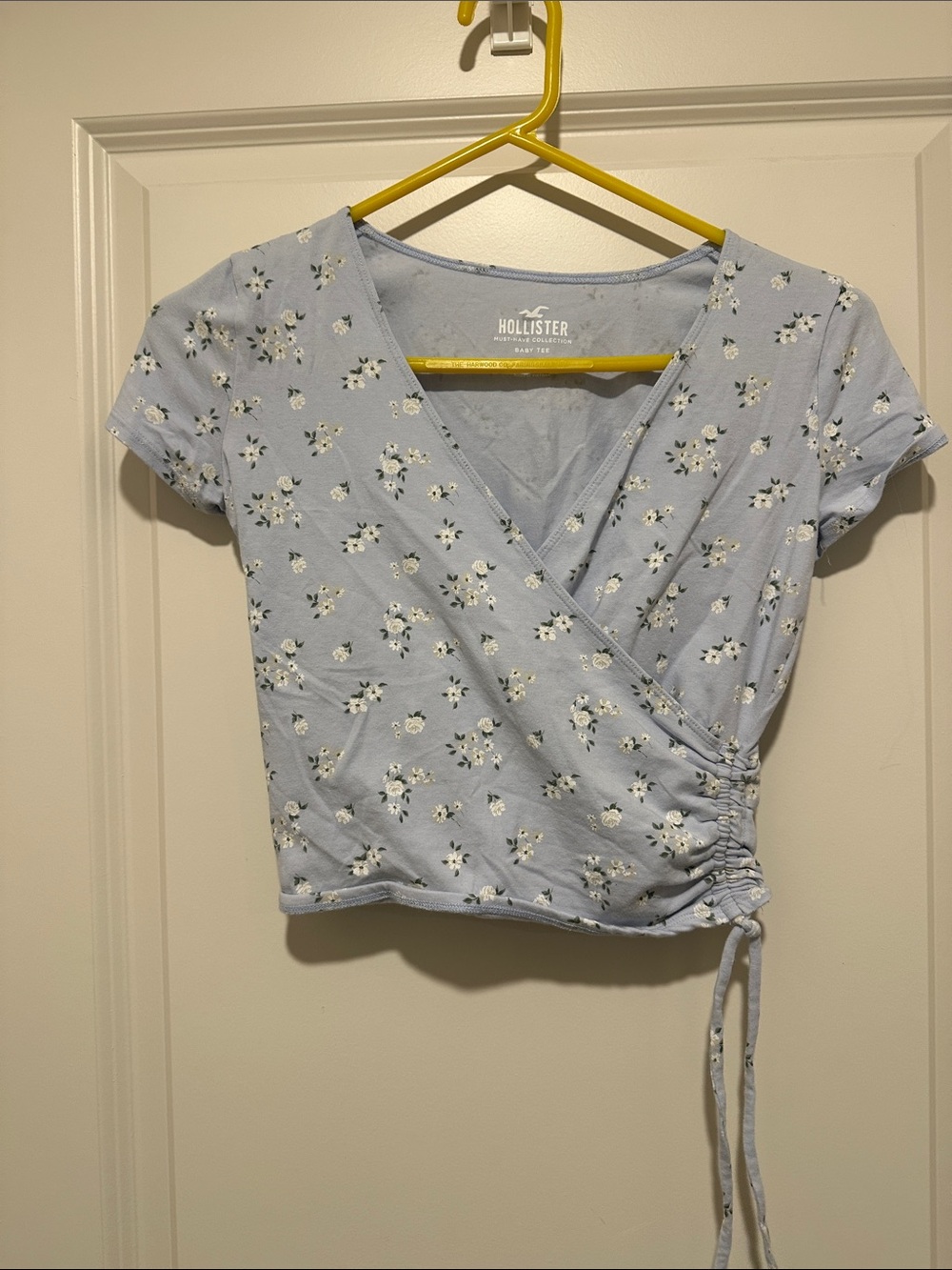 Hollister Pale Blue Floral Wrap Crop Top with Tie